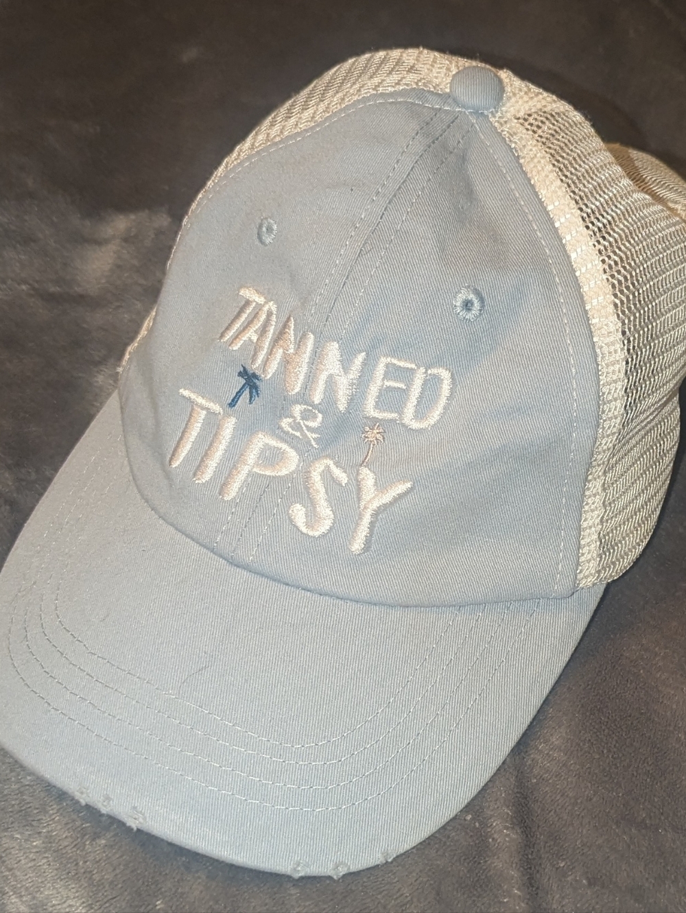 NEW Tanned & Tipsy Distressed Embroidered Light Blue Trucker Hat - O/S